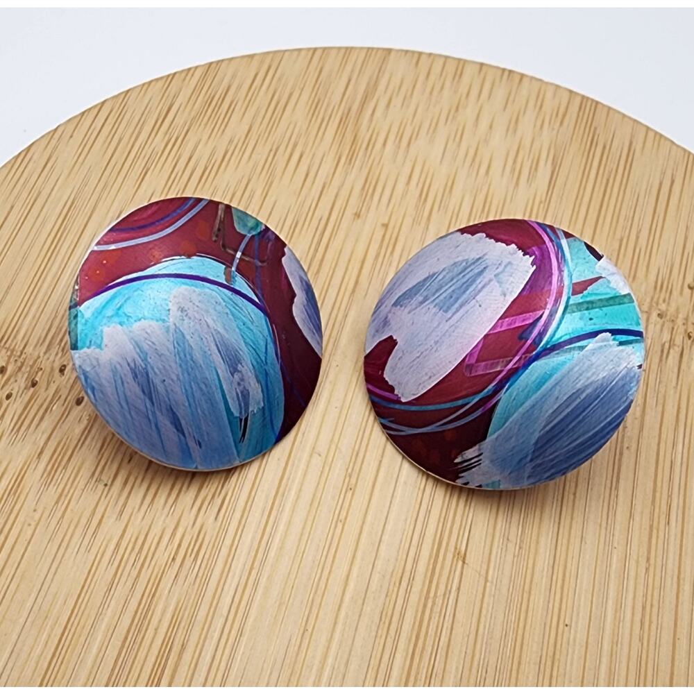 Vtg 80s 1" Circle Pierced Earrings Abstract Pattern Punk New Wave Swirl Metal